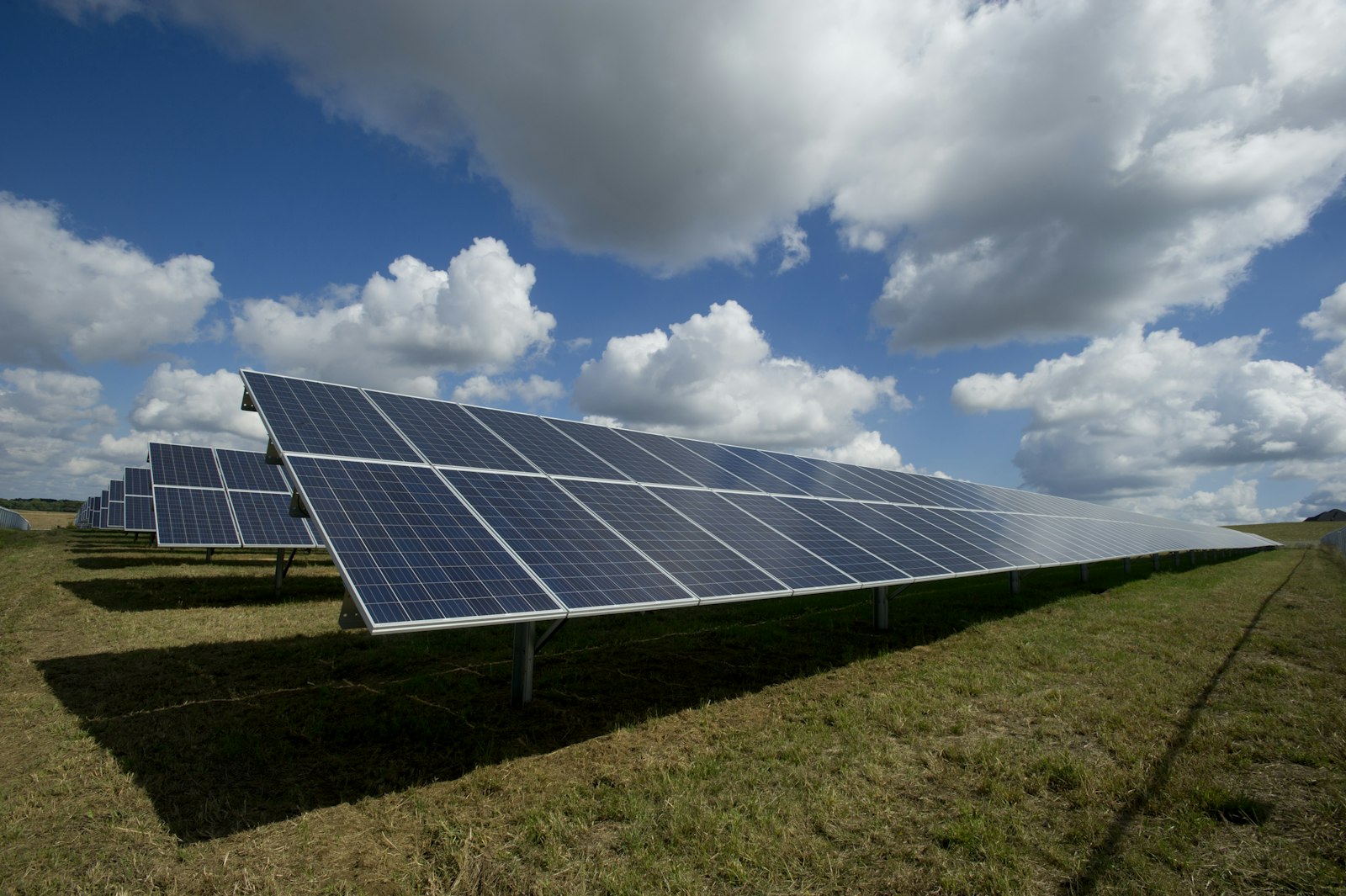 Rows of solar panels in an open field under a wide sky